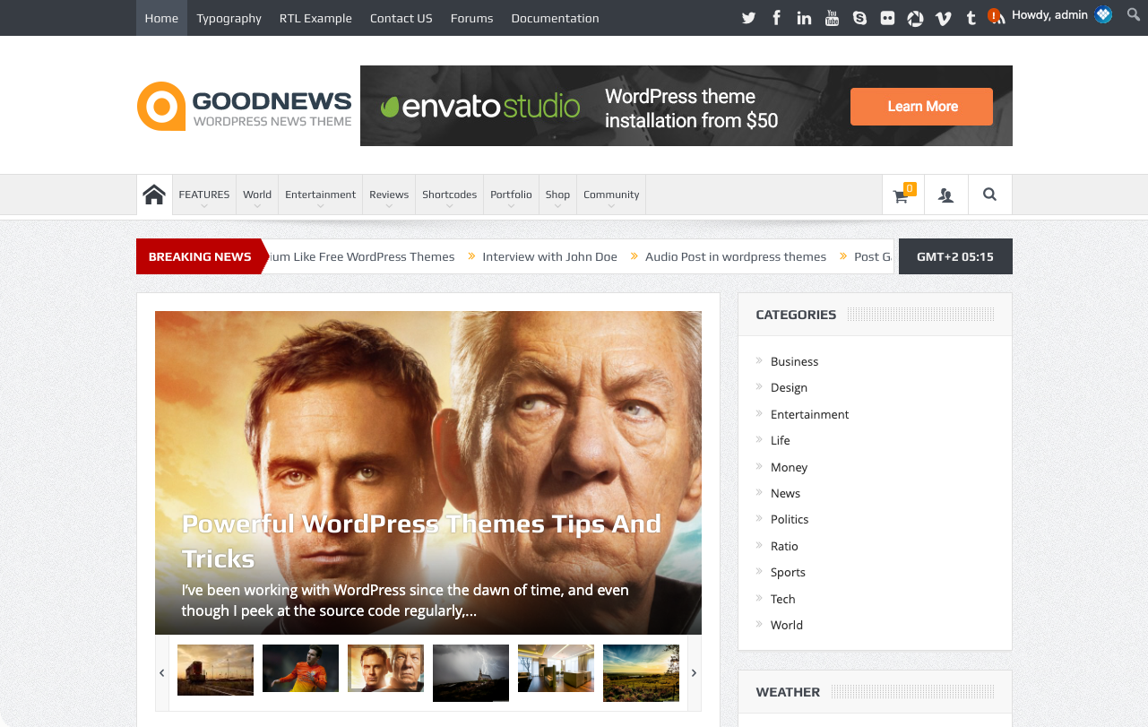 Goodnews page with an advert rendered in a header position.