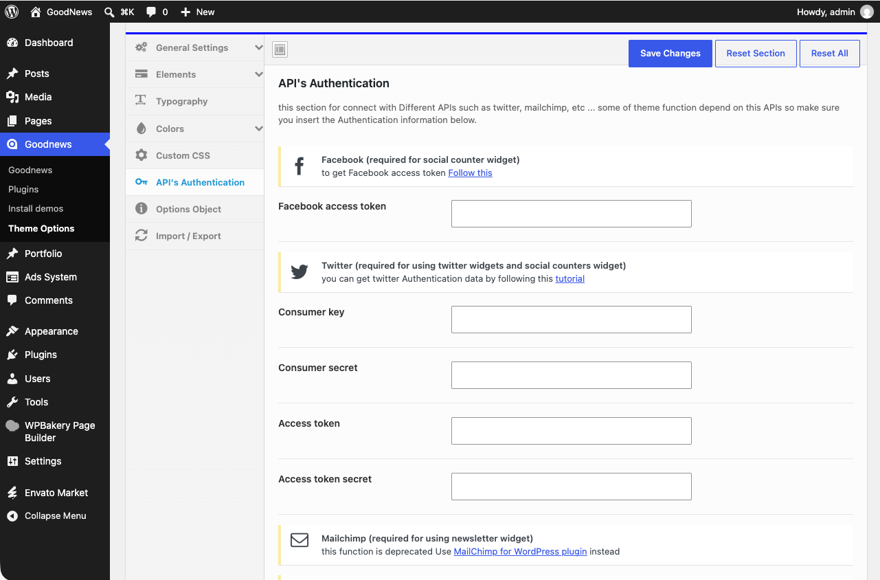 Goodnews API settings with the service key fields listed.