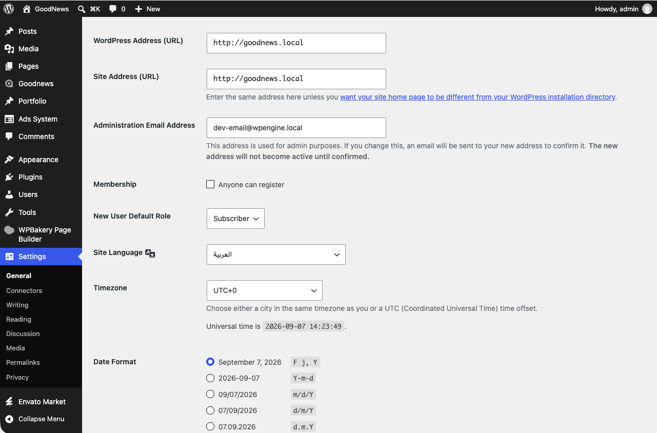 WordPress General Settings with Site Language set to Arabic.