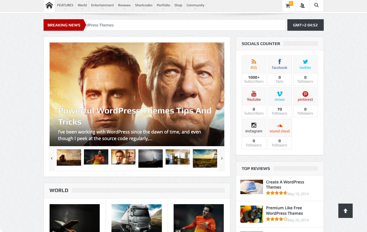 Goodnews home page rendered with news boxes and a feature slider.