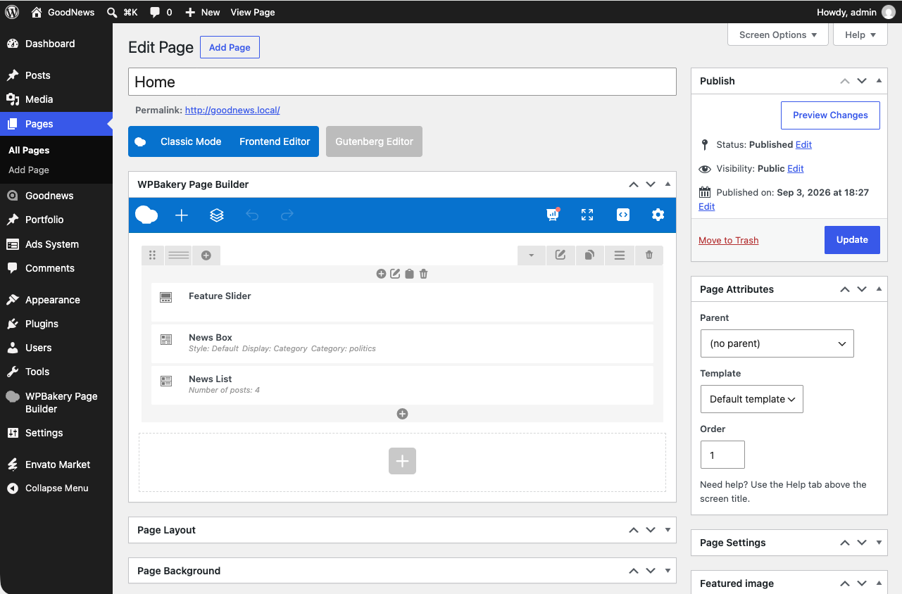 WPBakery editor with Goodnews news modules placed on a home page.