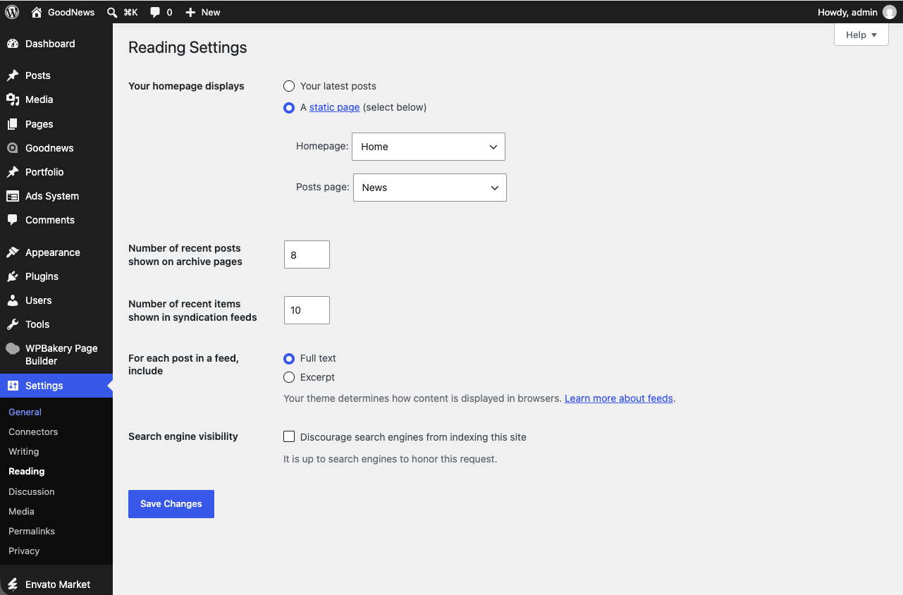 WordPress Reading Settings with a static front page selected.