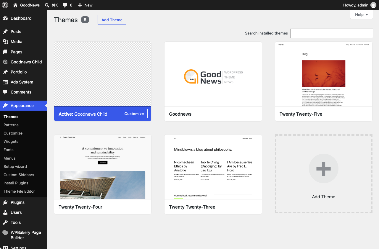 WordPress Themes screen with the Goodnews child theme active.