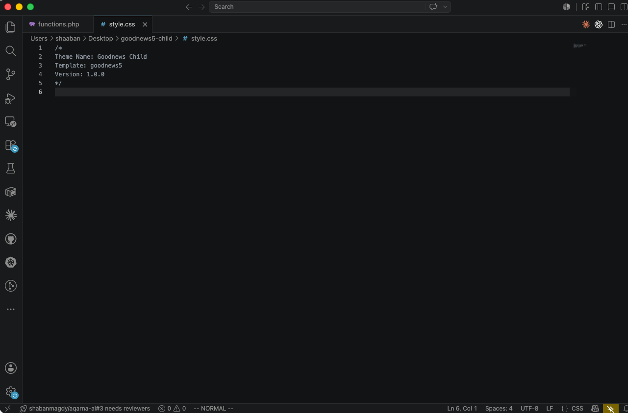 A child theme folder containing style.css and functions.php.