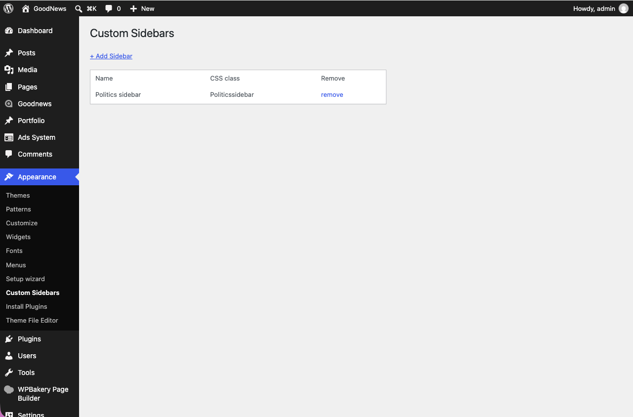 Custom Sidebars screen with a new sidebar being named.