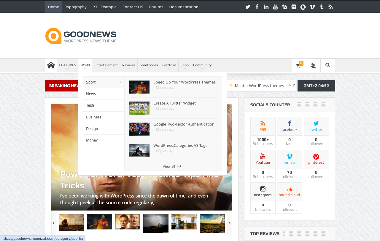Goodnews site header rendered with a mega menu open.