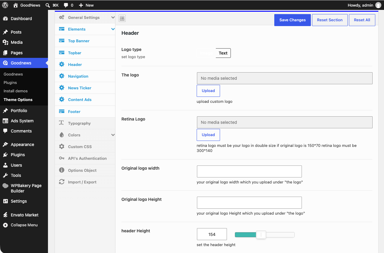 Goodnews header options with the logo, layout and top-bar settings.