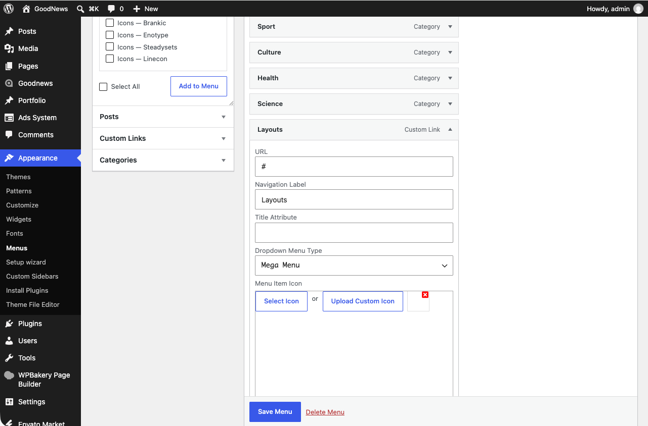 Menu item panel with the Goodnews mega-menu options expanded.