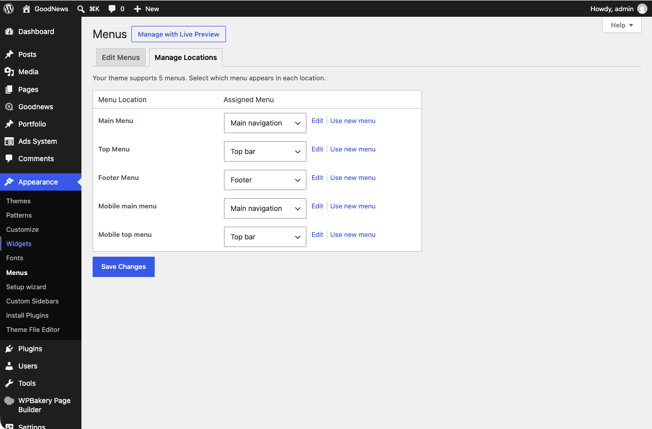 WordPress Menus screen showing the Goodnews menu locations.