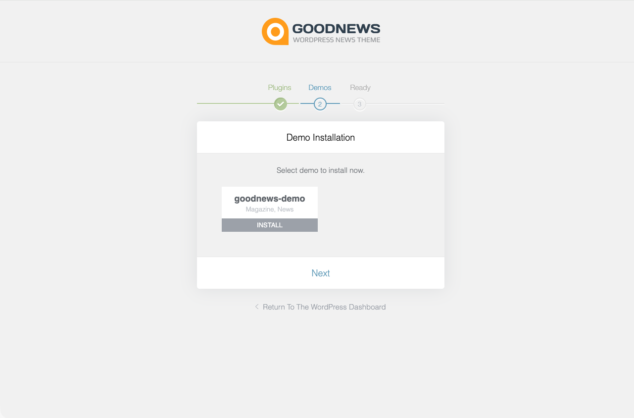 Goodnews Install Demos screen showing the bundled demo card.
