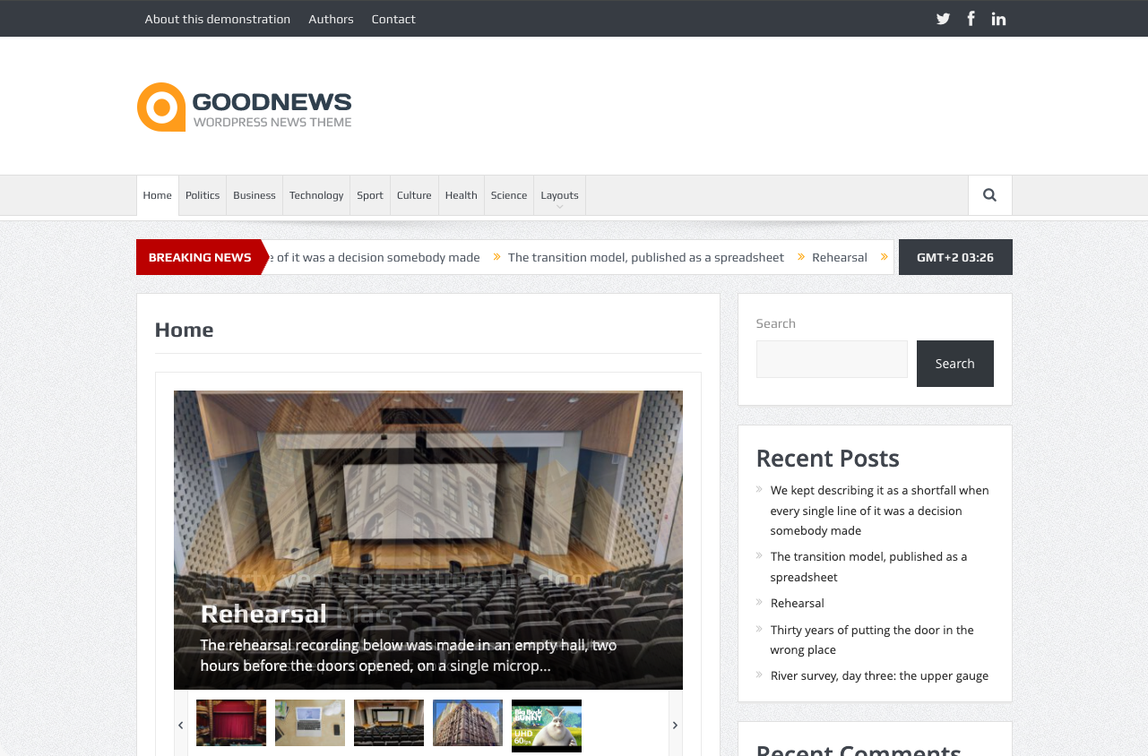 Goodnews front page after importing the demo, showing the news layout.