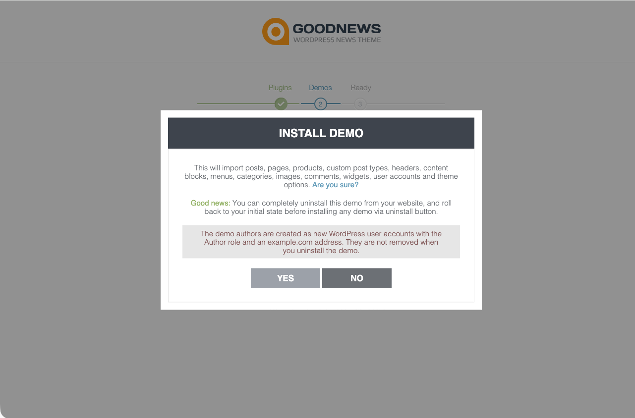 Confirmation dialog listing everything the demo import will add to the site.