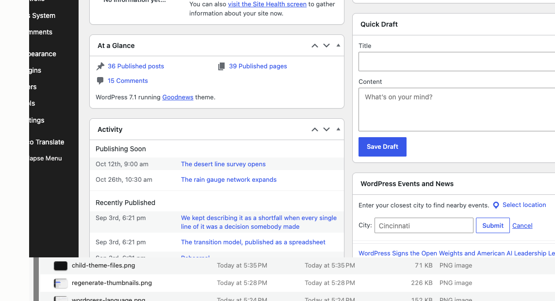 Admin notice listing the plugins Goodnews requires and recommends.