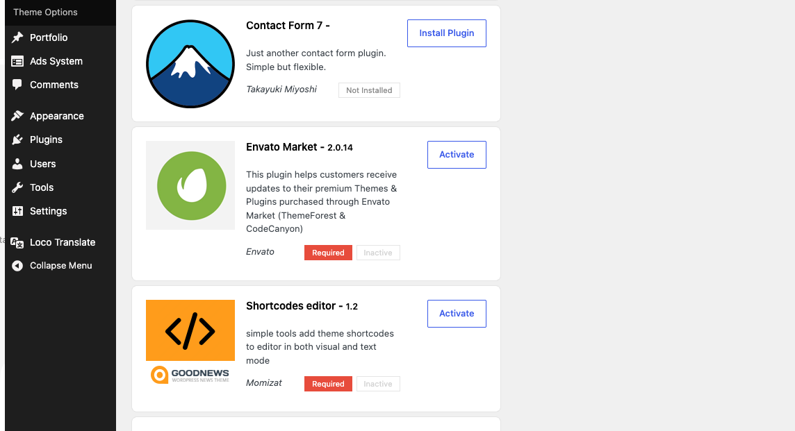 Goodnews Install Plugins screen listing each bundled plugin and its status.