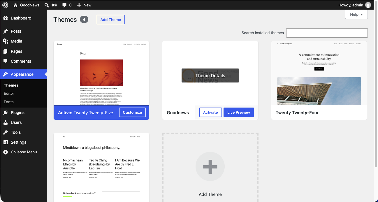 WordPress Themes screen with the Goodnews card hovered and the Activate button visible.