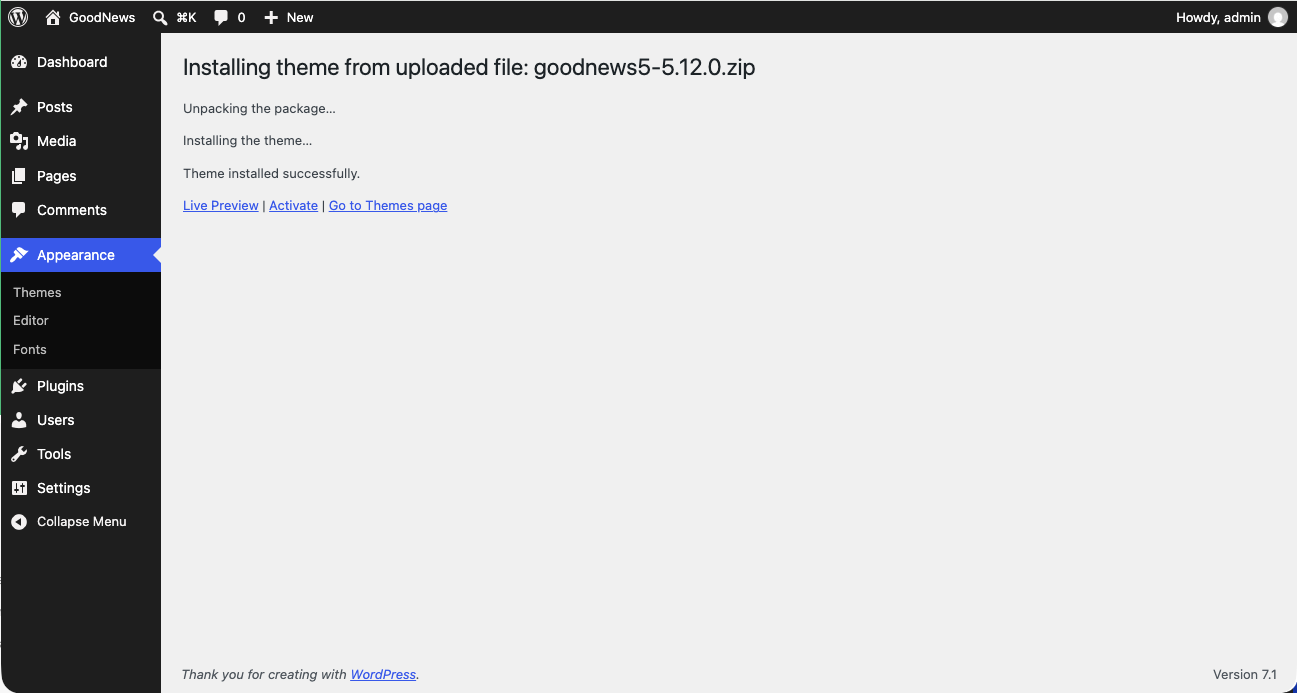 Theme installation result screen showing Goodnews installed successfully.
