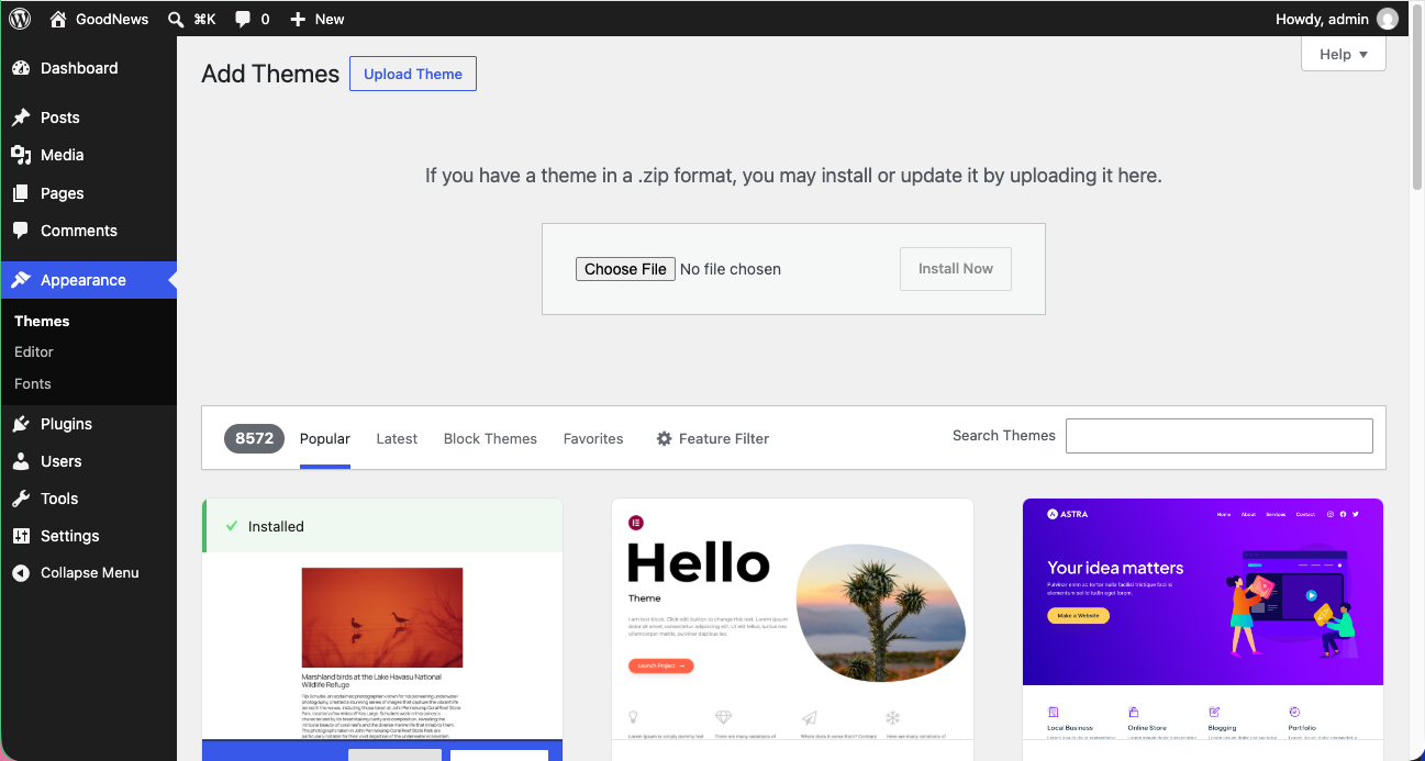 WordPress Add Themes screen with Upload Theme selected and the file field empty.