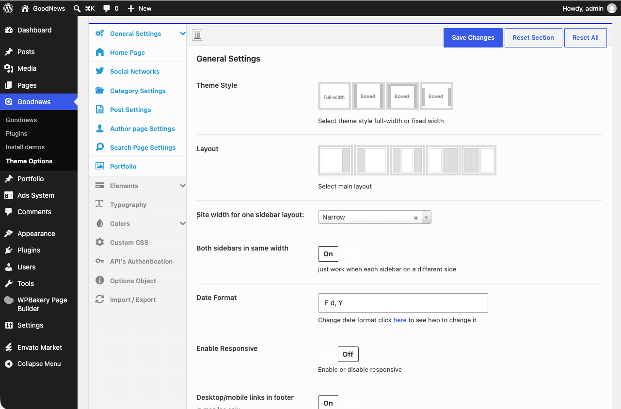 Goodnews layout options with the site-wide layout choices.
