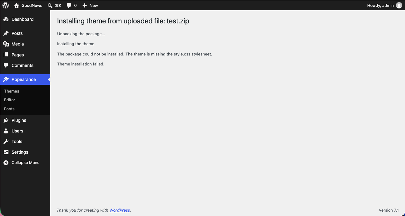 WordPress error message stating the theme is missing its style.css stylesheet.