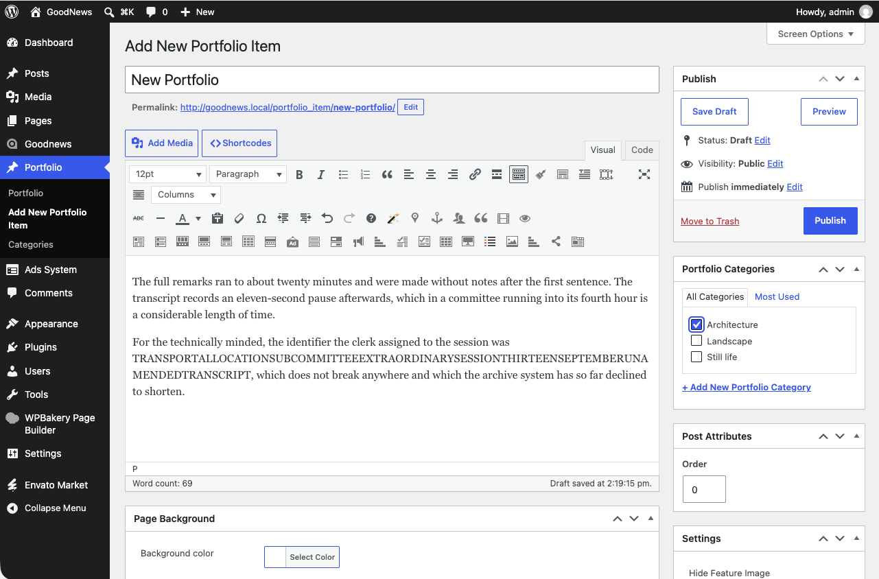 Add New Portfolio Item screen with a category selected.