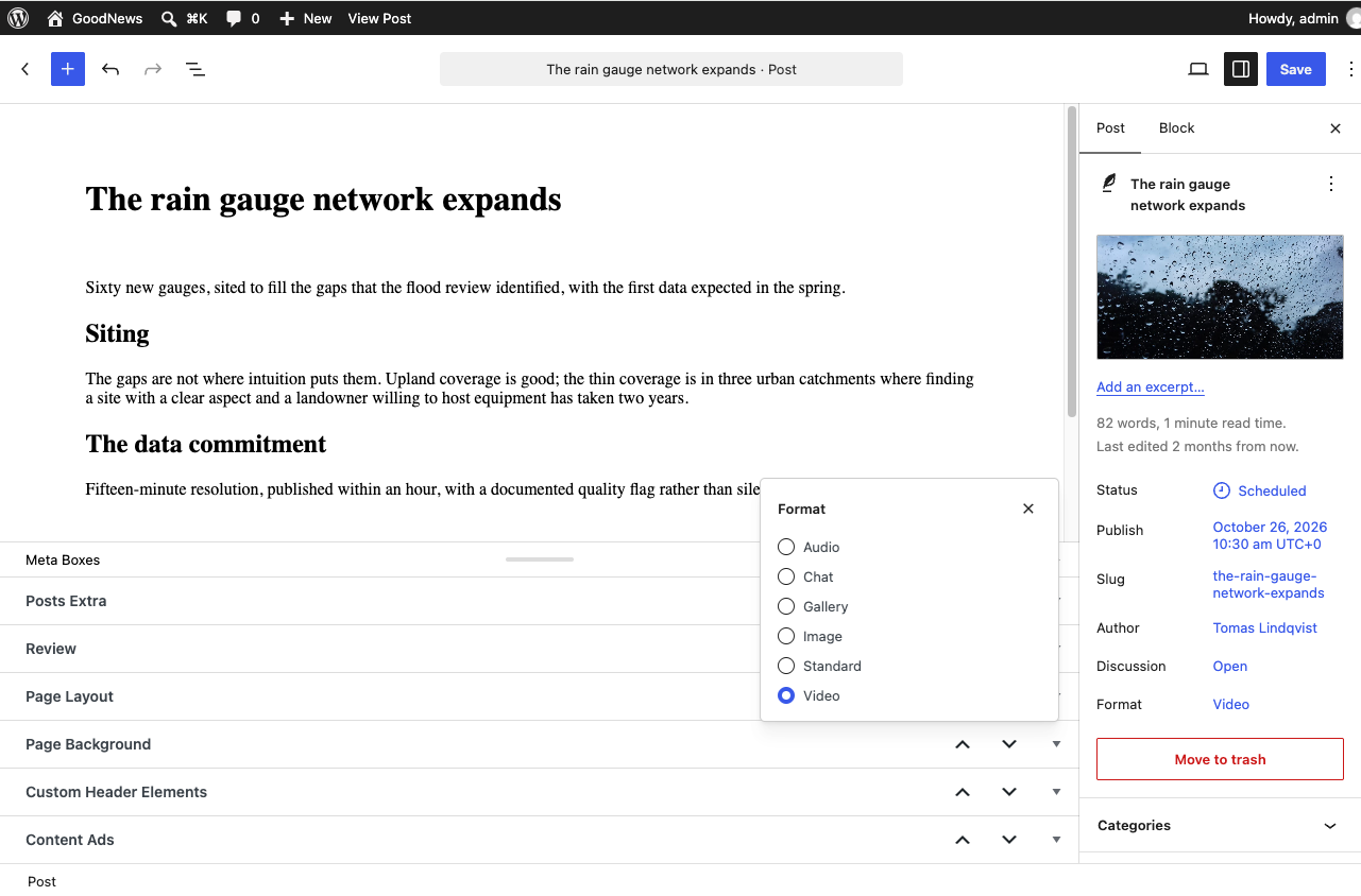 WordPress editor with the Goodnews post format selector showing Video.