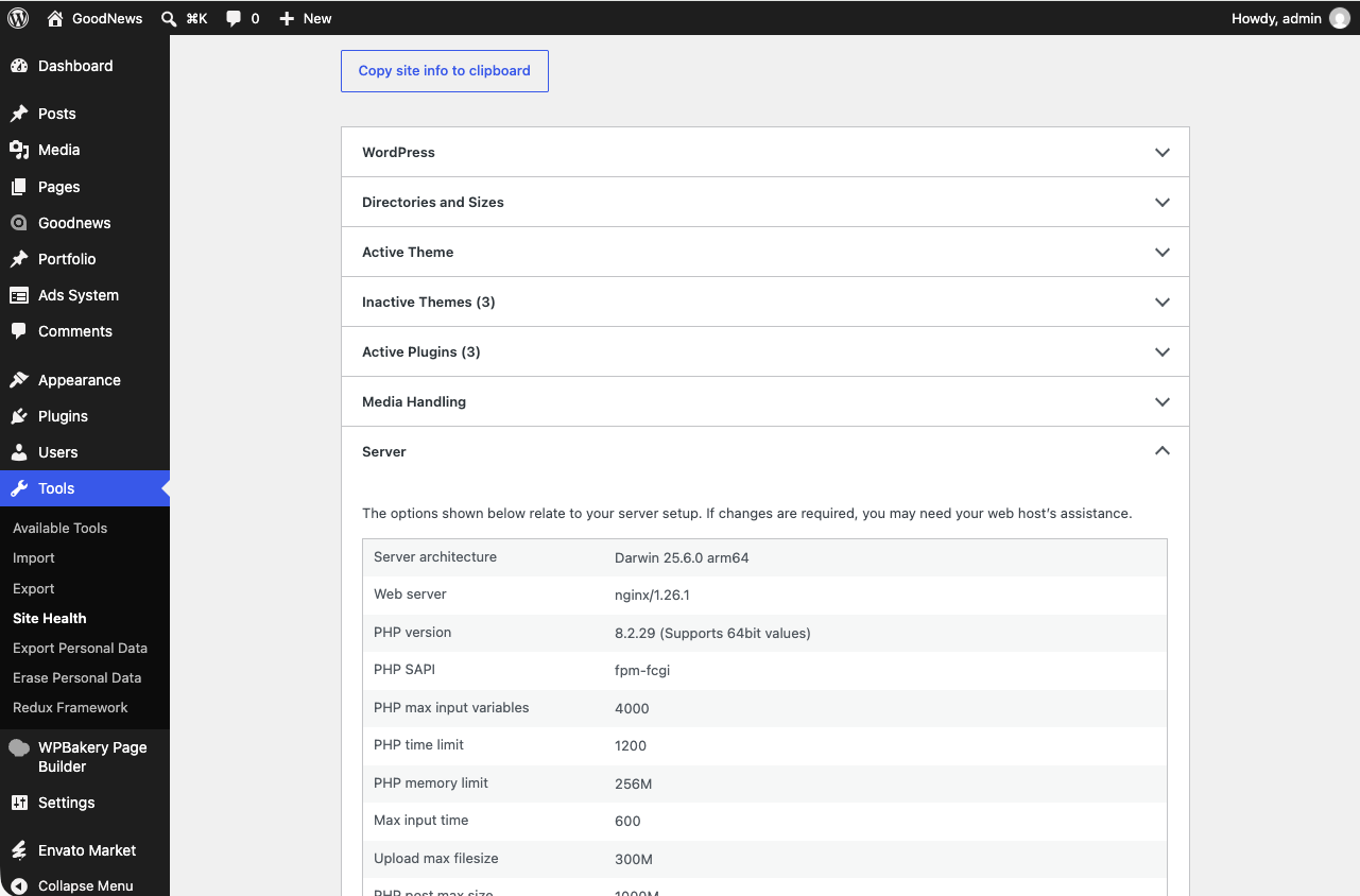 WordPress Site Health server panel showing the PHP version.