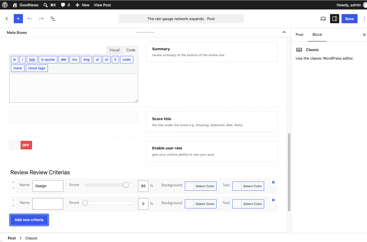Goodnews Review metabox below the editor with criteria added.