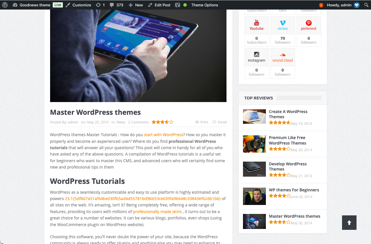 Published post showing the Goodnews review score and criteria bars.