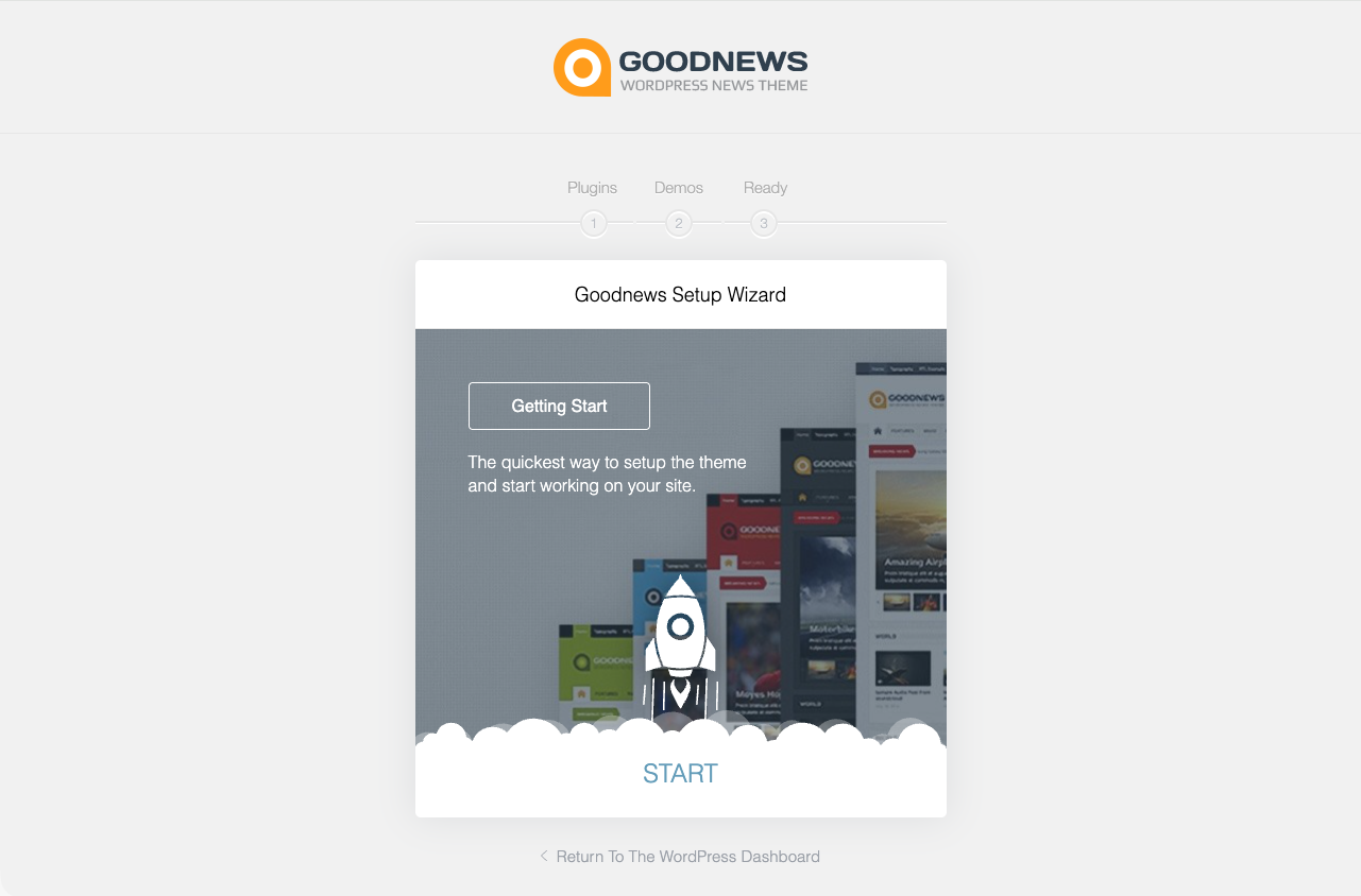 Goodnews setup wizard welcome step with the Start button.