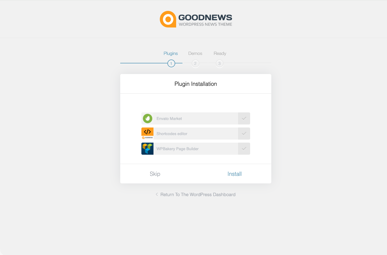 Setup wizard plugin step listing the bundled plugins with checkboxes.
