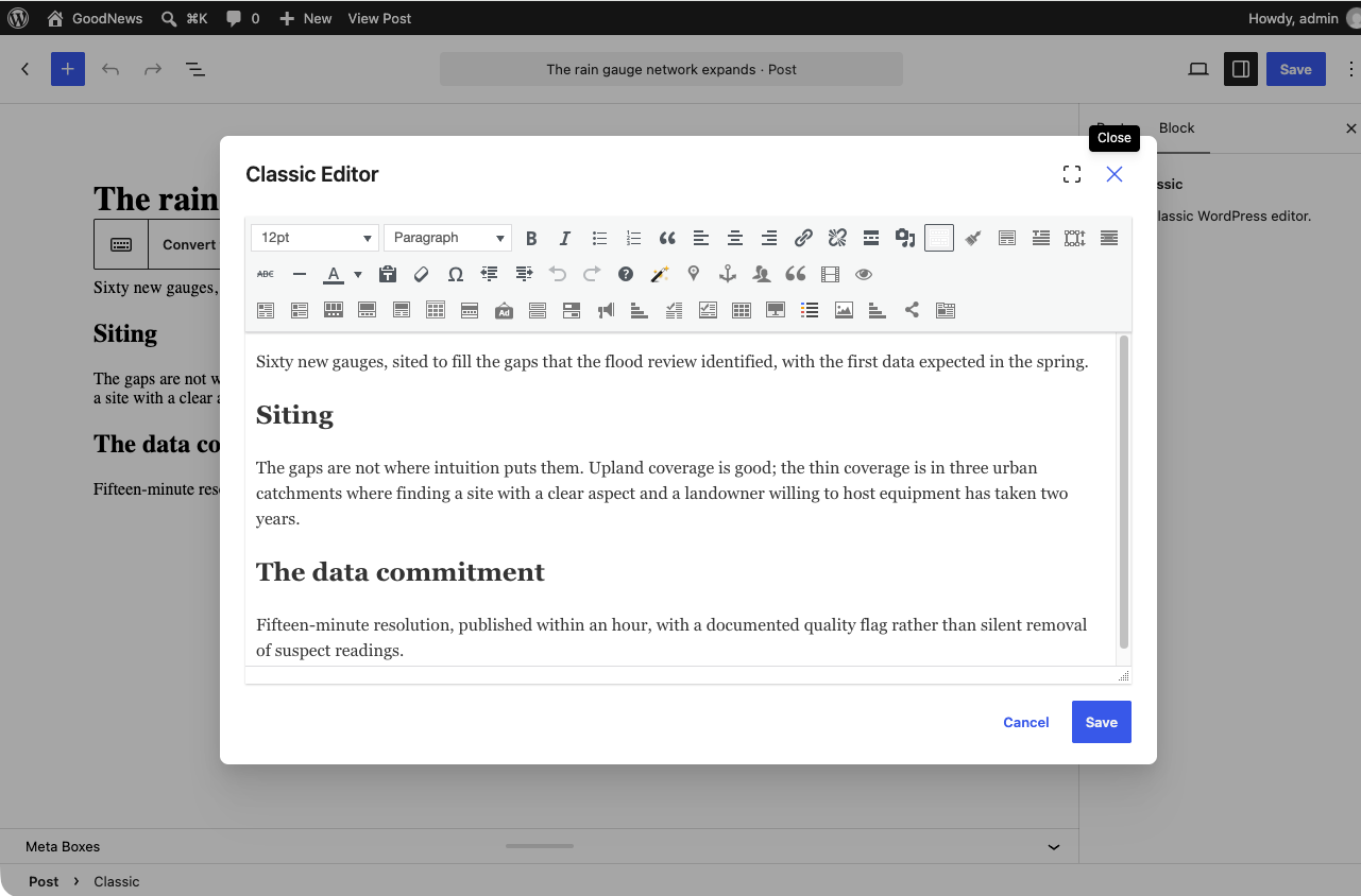 WordPress editor toolbar with the Goodnews shortcodes button.
