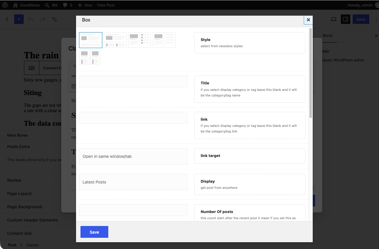 Goodnews shortcode dialog with a shortcode's options being set.