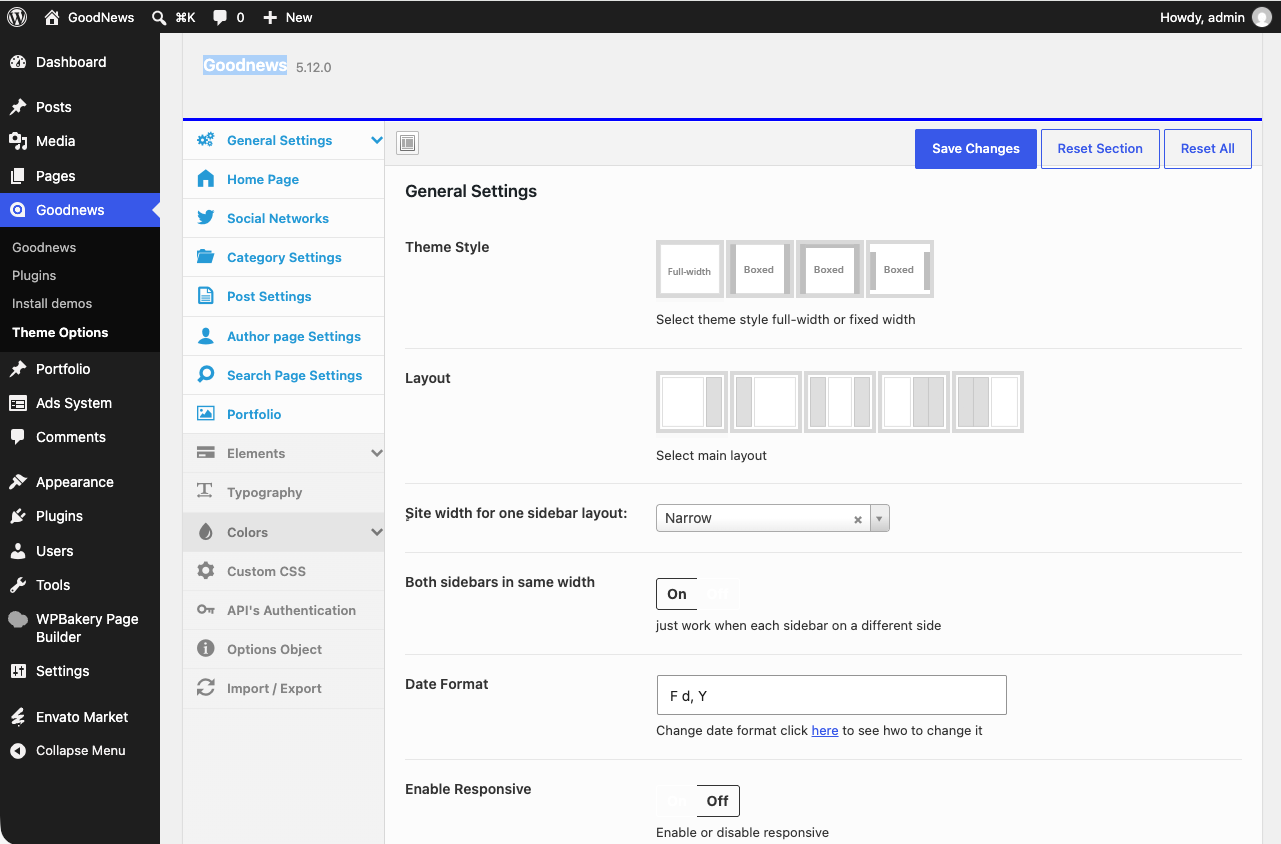 Goodnews Theme Options panel with the settings groups listed down the left.