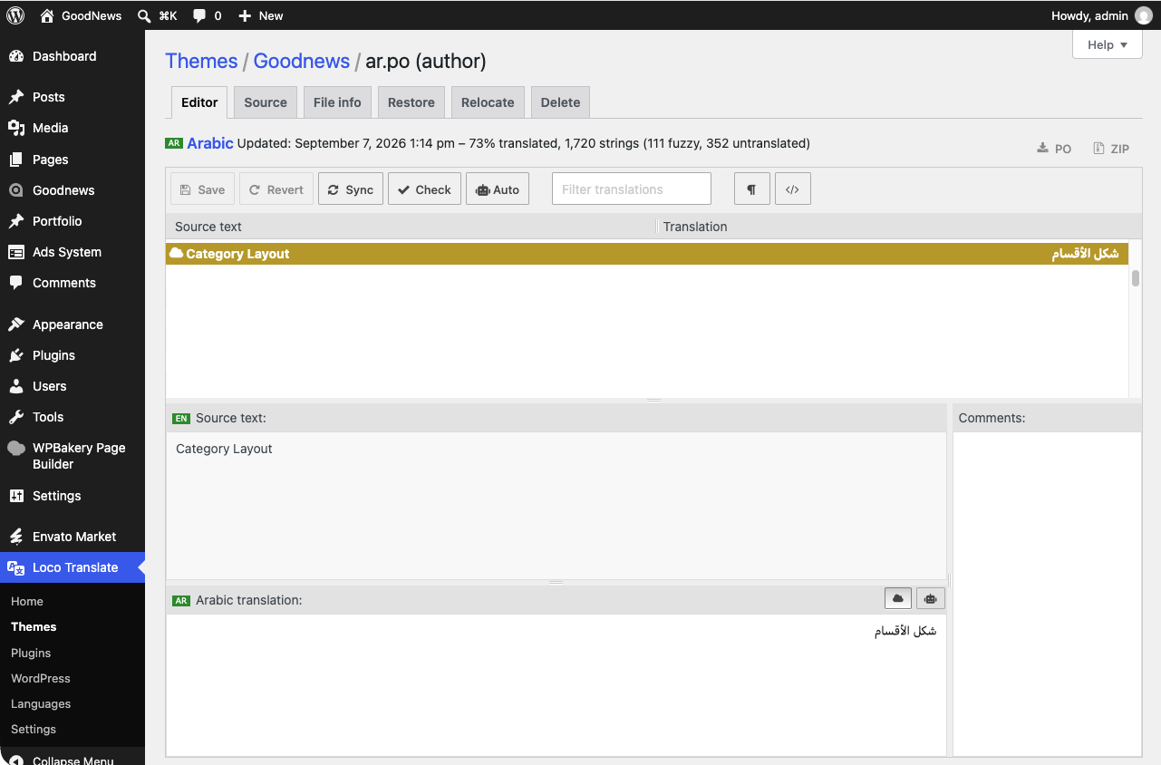 Loco Translate's editor open on the Goodnews theme, with an English string and its Arabic translation side by side.