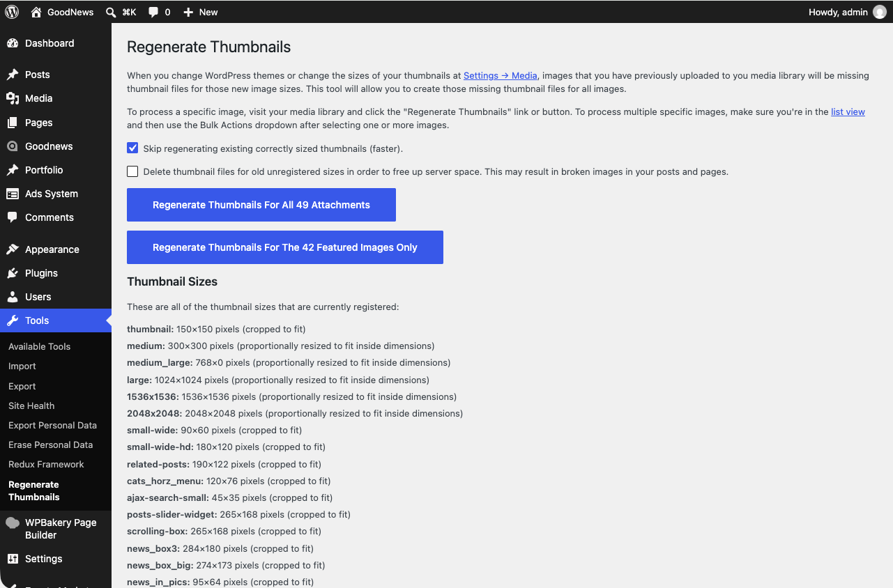 Regenerate Thumbnails tool screen ready to rebuild image sizes.
