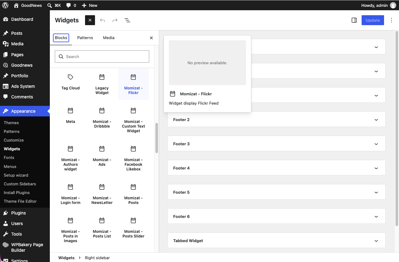 WordPress Widgets screen listing the Goodnews widgets.