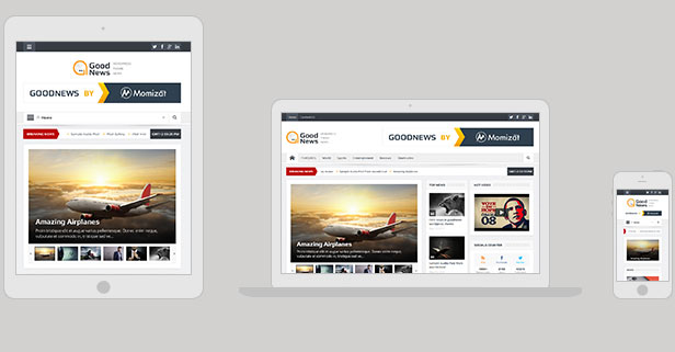 Archived GoodNews marketing image: the theme’s front page shown on a tablet, a laptop and a phone.